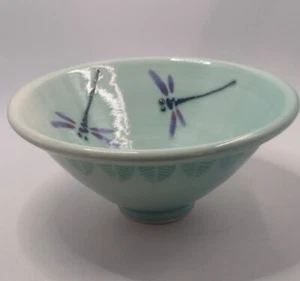 Vintage Green DRAGONFLY Pottery Bowl 7 1/4" Vase TROY AMASTAR Dragon Fly Marked - Picture 1 of 8