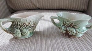VINTAGE 1940'S MCCOY CERAMIC PINECONE GREEN BROWN IVORY SUGAR & CREAMER SET - Picture 1 of 4