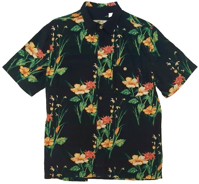 Joe Marlin Hawaiian Aloha Shirt Men's Size L Multicolor Floral Black Background - Image 1 of 4