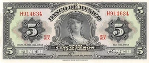 Mexico 5 Pesos 24.4.1963 Series AIX Prefix H Uncirculated Banknote QZ12 - Picture 1 of 2