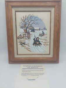 Vintage C. Carson Oil Painting - Snowy Winter Farm scene Sledding COA rare 
