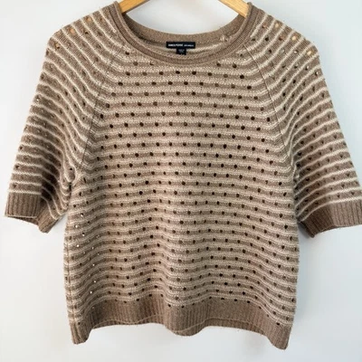 James Perse WOM3260 Cashmere Sweater Women 1 Beige Dot Stripe Short Sleeve $495 - Image 1 of 4