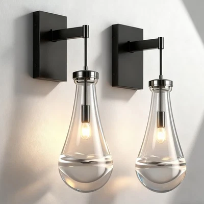 Wall Light 2 Pack Raindrop Sconce Modern Indoor Black Clear Glass LED Fixture UL - Image 1 of 4