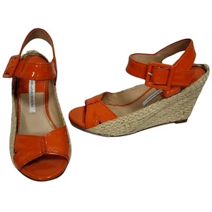 DIANE VON FURSTENBERG 7 Sudan Wedge Espadrille Sandals Orange Patent Ankle Strap - Picture 1 of 11