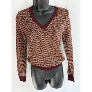 Zara Knit Jacquard V Neck Sweater Geometric Chevron Burgundy Gold S 70s Retro - Picture 1 of 10
