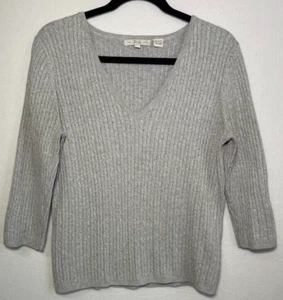 Pria Sweater Women Large Gray 3/4 Sleeve V-Neck Knit Lightweight Casual - Picture 1 of 14