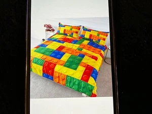 BlessLiving 3 Pieces Full/Queen Lego Block Bedding Set. Autism Awareness Colors - Picture 1 of 2