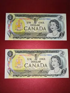 2x 1973 Canada $1 Dollar Banknotes - UNC Crisp & Consecutive Serial Numbers - Picture 1 of 2