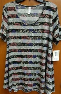 NWT LULAROE PERFECT TEE MEDIUM GHOST STRIPES OVER PURPLE PINK WHITE ROSES - Picture 1 of 4