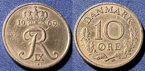 Denmark 1969 10 Ore - Frederik IX KM-849.1 Copper-nickel XF #2 - US Seller - Picture 1 of 1