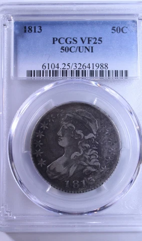 1813 50C/UNI Variety Capped Bust Half Dollar : PCGS VF25 Cover