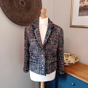 Chaqueta Blazer Per Una Negra Rosa Azul Metálica Boucle Tweed Borde Deshilachado 12 Elegante - Imagen 1 de 14