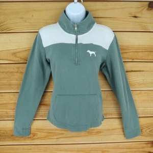 PINK 1/4 Zip Sweatshirt DOG Logo Womens Size M Green White Cotton Blend Pockets - Picture 1 of 10