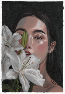 Pintura original 20,5 x 29,5 cm 8GrK obras de arte pinturas al óleo mujer moderna y flores Foto 1 de 3