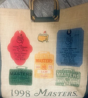BOLSA DE MANO de recuerdo de golf Augusta de colección Masters 1999 asas de bambú de yute Foto 1 de 4