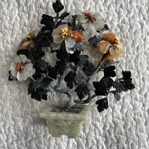 Vintage🎁Chinesischer komplett geschnitzter Stein Blätter/Blumen Jade Bonsai Baum im Steintopf - Bild 1 von 16