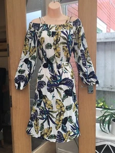 TU Summer Cold Shoulder Sleeve Bardot Sun Dress Tropical Leaf Print Size 12 - Picture 1 of 7