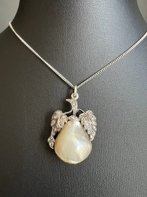 Jugendstil Collier Kette Gold mit Barockperle und Alt ~ Schliff Diamanten - Bild 1 von 4