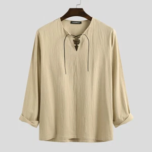 Mens Long Sleeve Retro Medieval Pirate Shirt Bandage Lace Up Casual Blouse Tops - Picture 1 of 14