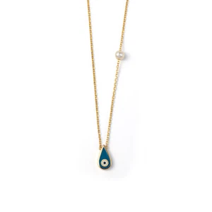 Evil Eye Halskette mit Perle - 14K Gelbgold und blauer Emaille - griechischer Schmuck - Bild 1 von 9