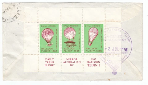 Daily Mirror Balloon Flight Cover 1965 with Cinderella Trans Australia Cover