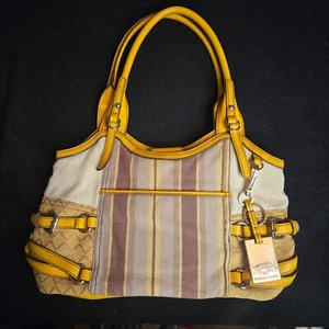 Etienne Aigner Frame Handbag Purse Canvas Leather Yellow Brown Beige - Picture 1 of 15