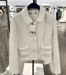 ZARA RHINESTONE BUTTON SHORT SEQUIN JACKET WOMAN ZW WHITE 2883/160 SIZE S - Picture 1 of 5