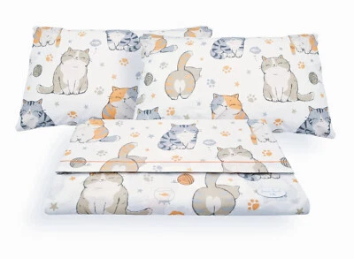 Completo Letto Set Lenzuola Federe Fantasia Stampa Gatti Cats 100% Cotone - Immagine 1 di 4