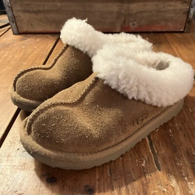 UGG MORAENE CLOG LITTLE KID SIZE 13K BROWN SUEDE WOOL FLUFF SHEEPSKIN COLLAR - Image 1 of 4