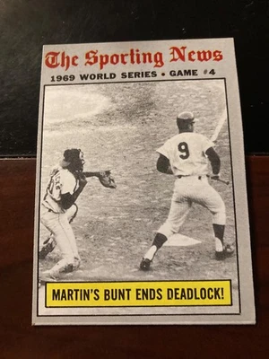 1970 Topps baseball 1969 #308 World Series Game 4 Martin's Bunt Ends Mets Oriole - Image 1 of 2