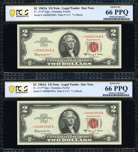 1963 A $2 Star Note FR 1514* A Block Sequential Serial Number PCGS 66 PPQ - Picture 1 of 1