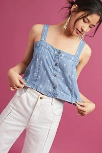 Top Anthropologie Rails Chambray ananas taglia large blu senza maniche nuovo etichetta $138 - Foto 1 di 8