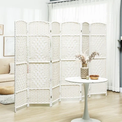 6 Panel Room Divider Hand-Woven Freestanding Partition, White - Image 1 of 4
