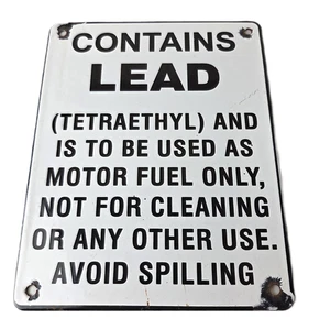 Vintage Contains Lead Sign - Gas Warning Caution Avoid Spilling Porcelain Sign - Picture 1 of 14
