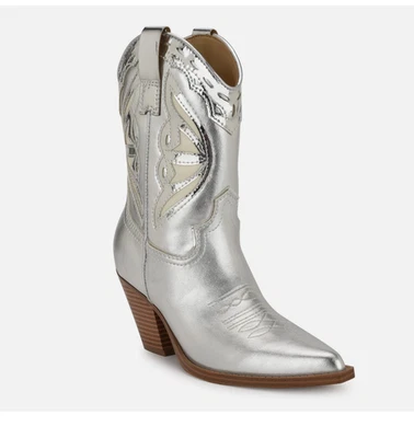 NEW NINE WEST $159 Puzz Western Booties Silver Metallic SZ-7.5 Cowboy Festive - Image 1 of 4