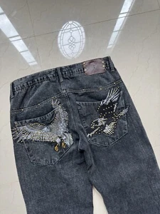 Vintage Kanji Baroque Mythological Embroidered Boot Cut Jeans Men 36x34 Y2K JNCO - Picture 1 of 11