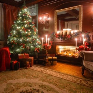 Christmas Fireplace Tree Gift Backdrop 10x10ft Wood Floor Party Studio Props - Picture 1 of 7