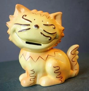 Cat Figurine Piggy Coin Bank Ceramic Porcelain Hand Painted Yellow Whiskers CUTE - Picture 1 of 1