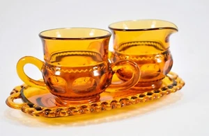 3 Piece set 'INDIANA GLASS' Amber Creamer and Sugar w/ Tray KING'S CROWN - Picture 1 of 8