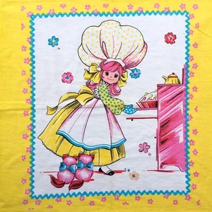 Crafts Fabric Girl Bonnet Kittens Pie Pink Yellow Linen Blend 24x24" Ric Rac - Picture 1 of 8