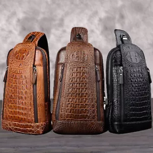 Mens Crocodile Leather Sling Bag Chest Shoulder Daypack Waterproof Crossbody Bag - Picture 1 of 28