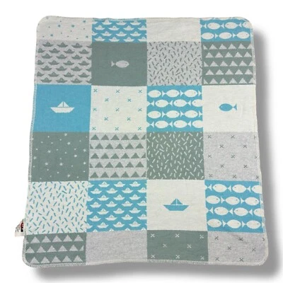 "Manta bebé David Fussenegger bote de peces reversible a cuadros verde azul 26x29""" Foto 1 de 4