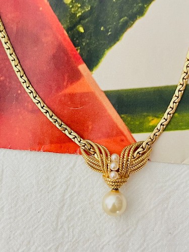 Collana Christian Dior GROSSE 1965 Vintage Ciondolo Goccia Intrecciato Perla Bianca Oro