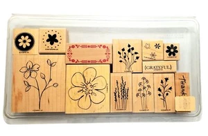 Stampin Up! 12 pc Set Wood Mounted Flower Stamps Floral Spring Summer Plastic Bx - Picture 1 of 9