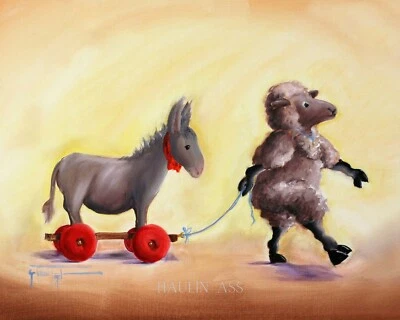 Impresión artística lienzo HAULIN A$$ oveja burro juguete decoración vivero animal de granja 16 x 20 Foto 1 de 4