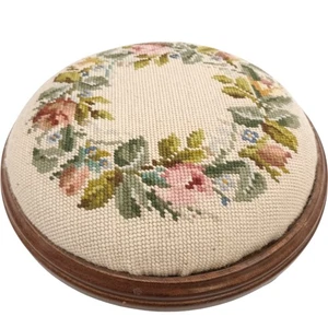 Vintage Footstool Wiooden Needlepoint Floral - Picture 1 of 3