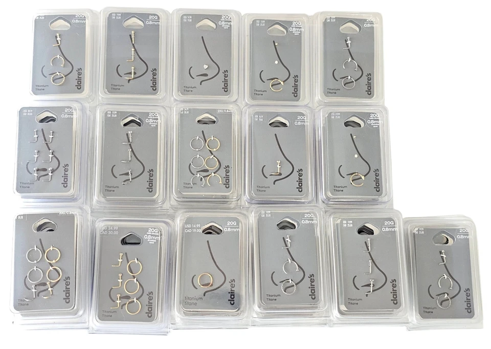 LOTE DE 33 NUEVOS CLAIRE'S Anillos Nariz Rellenos de Oro/Titanio Piercing Joyería 20G .8mm Foto 1 de 1