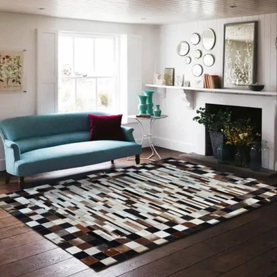 Natural Cowhide Hair on Patch Work Leather Modern Carpet Room AA71 - Image 1 of 4