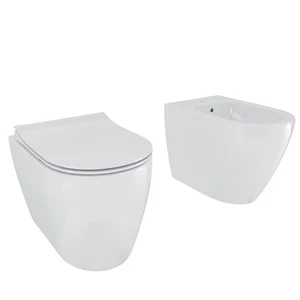 Coppia Sanitari Filomuro Filo Muro Filo Parete Vaso WC E Bidet Design Moderno In - Foto 1 di 24