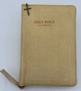 VTG 1950s KJV Holy Bible Illustrated Edition White With Zipper And Cross Charm - Picture 1 of 16